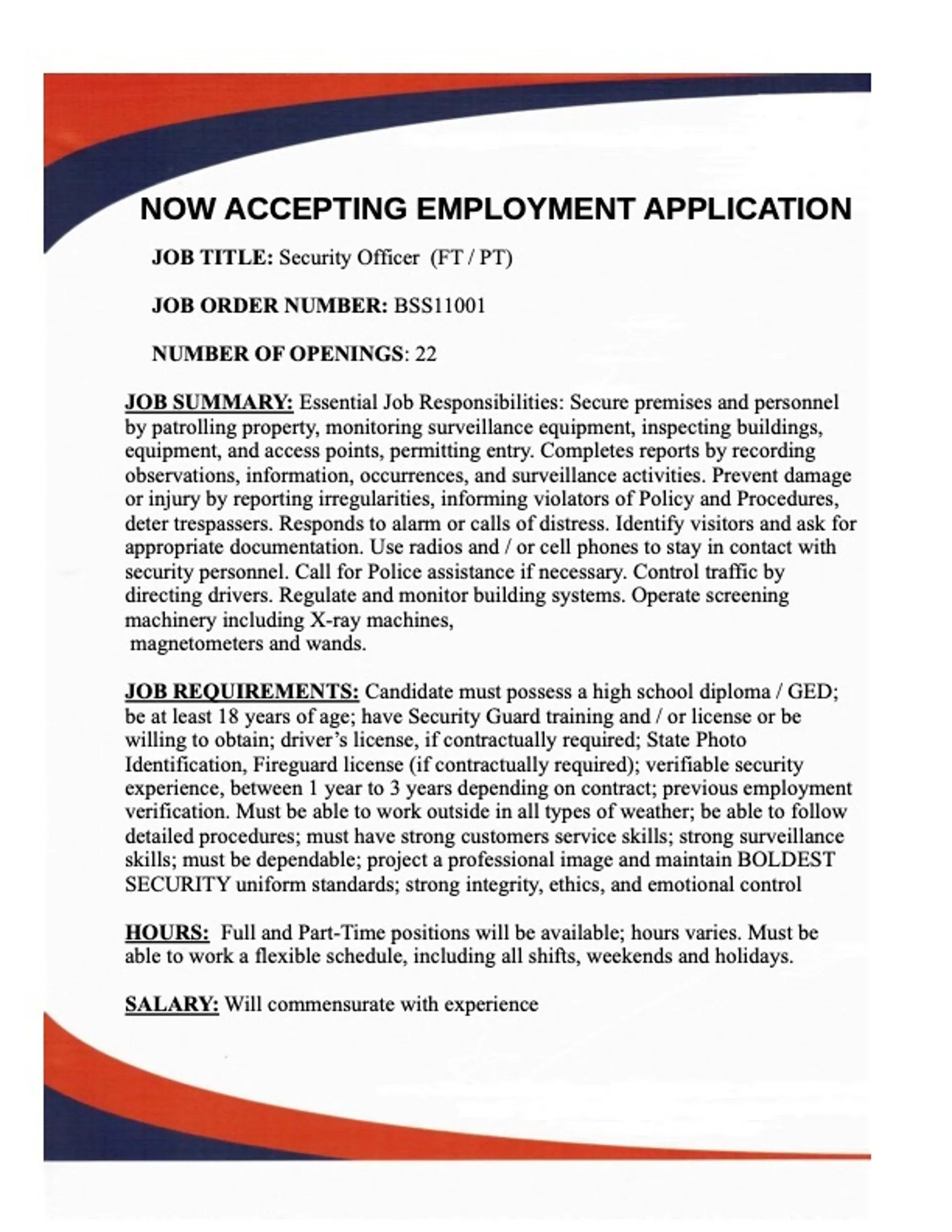 Now accepting employment applications for security officers